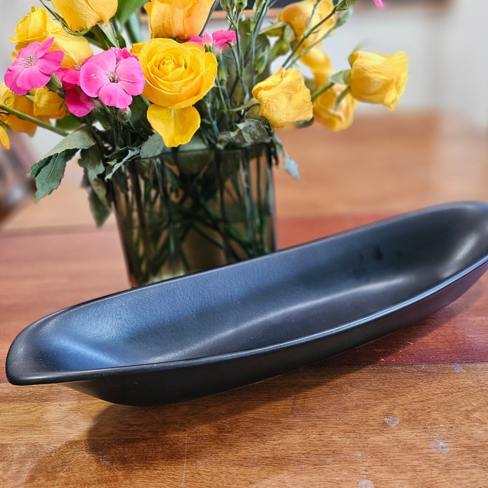 Hyalyn USA Matte Black Art Pottery Canoe Bowl MCM Planter Centerpiece 17.5" Vtg